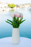 Tulip Faux Arrangement in White Ribbed Ceramic Vase: WHITE