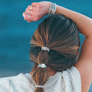 "Wonder" Soft Creams and Blues with Pearls and Gold Hair Tie Bracelets: Medium - Buenz Gifts