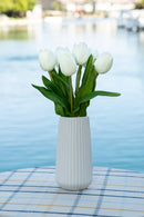 Tulip Faux Arrangement in White Ribbed Ceramic Vase: WHITE