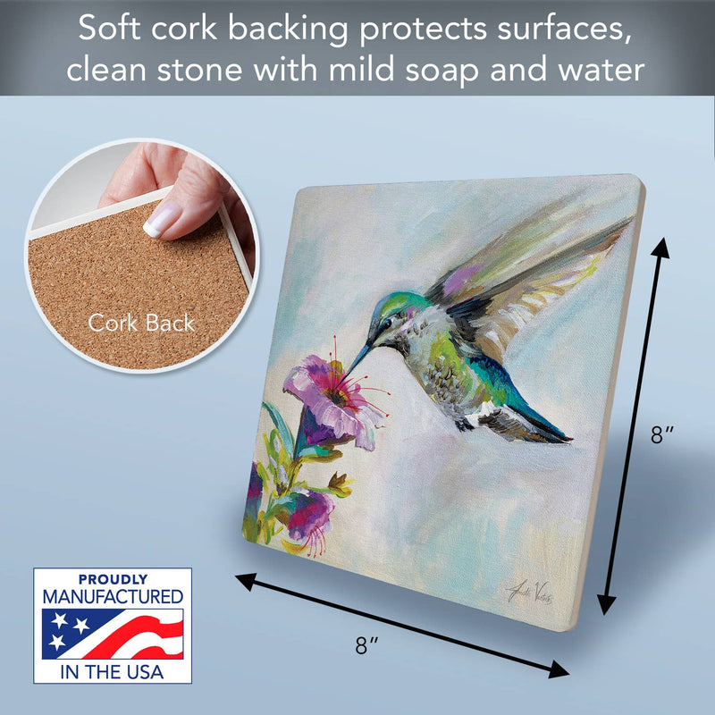 "Hummingbird Delight" Ceramic Stone Trivet 8" Square